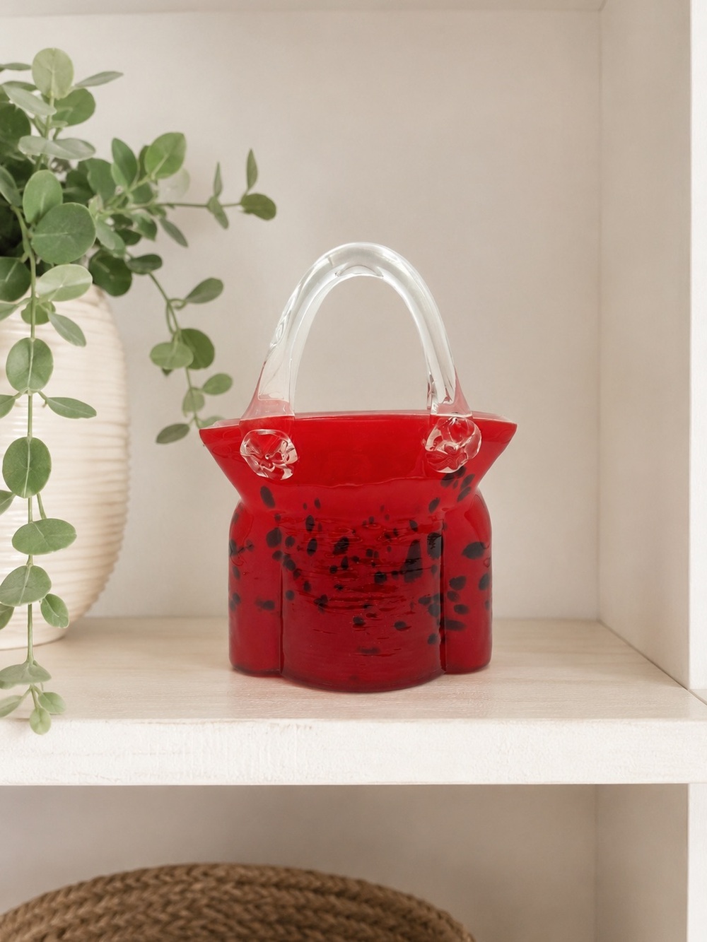 Art Glass‎ Hand Blown Red Purse Vase Handbag Planter Decorative Accent Bright
